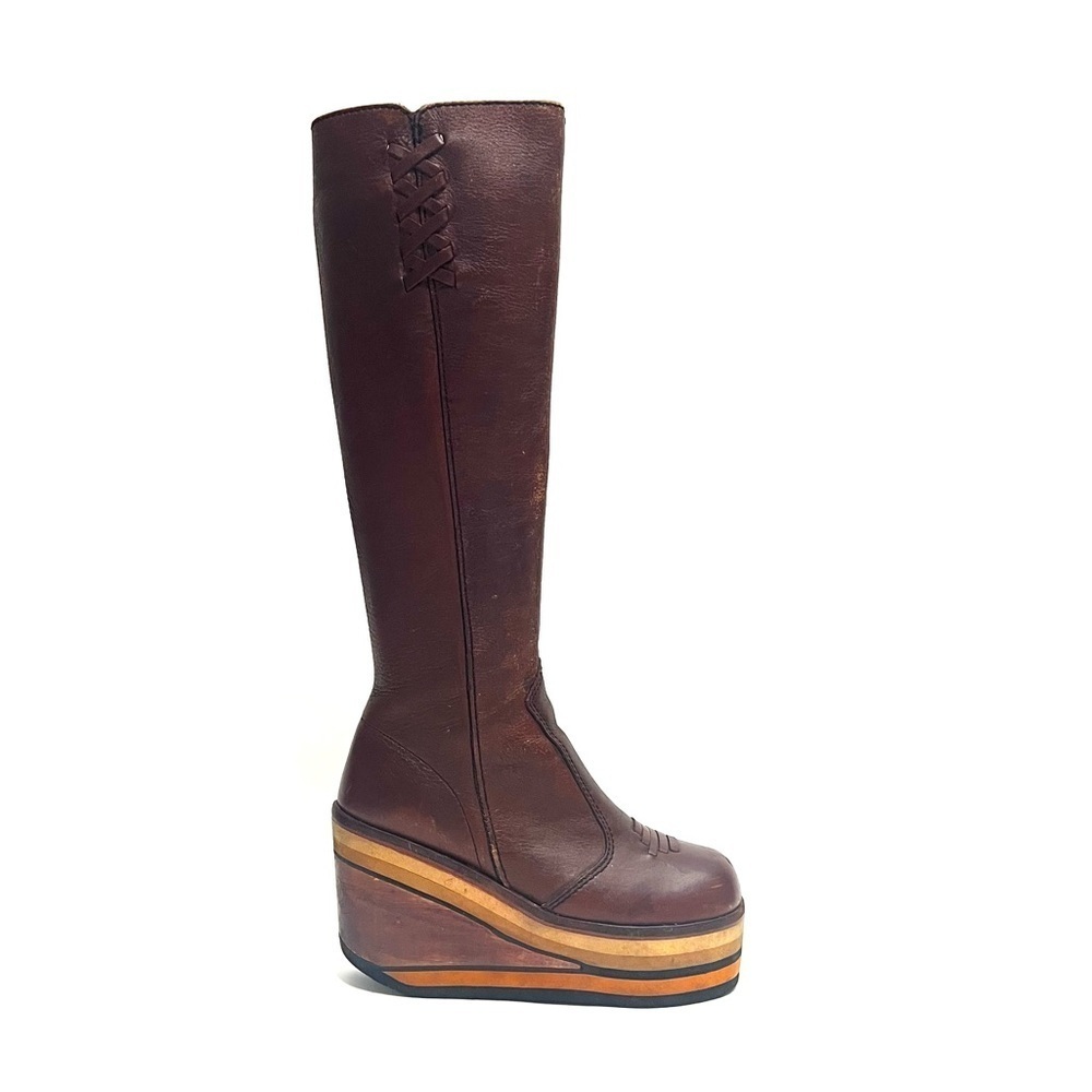 Vintage 1970s brown leather knee high zip up platform wedge heel boots